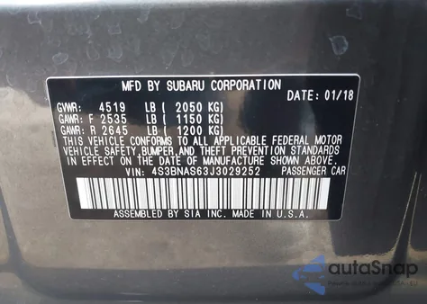 2018 Subaru Legacy 2.5I Sport z USA, uszkodzony, nr VIN 4S3BNAS63J3029252